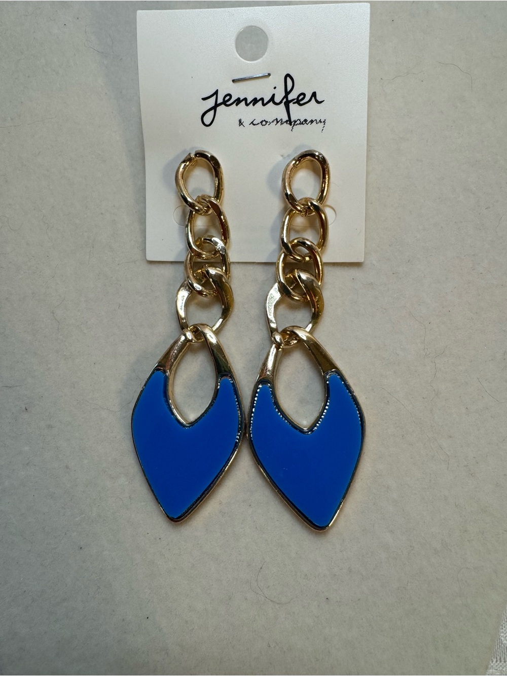 New Jennifer & Co Gold Chain Drop Earrings with Blue Enamel Accents